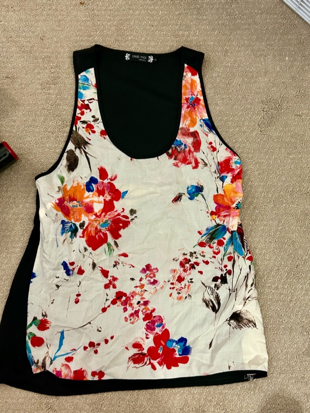 Sleeveless Floral Scoop Tank - White Multi